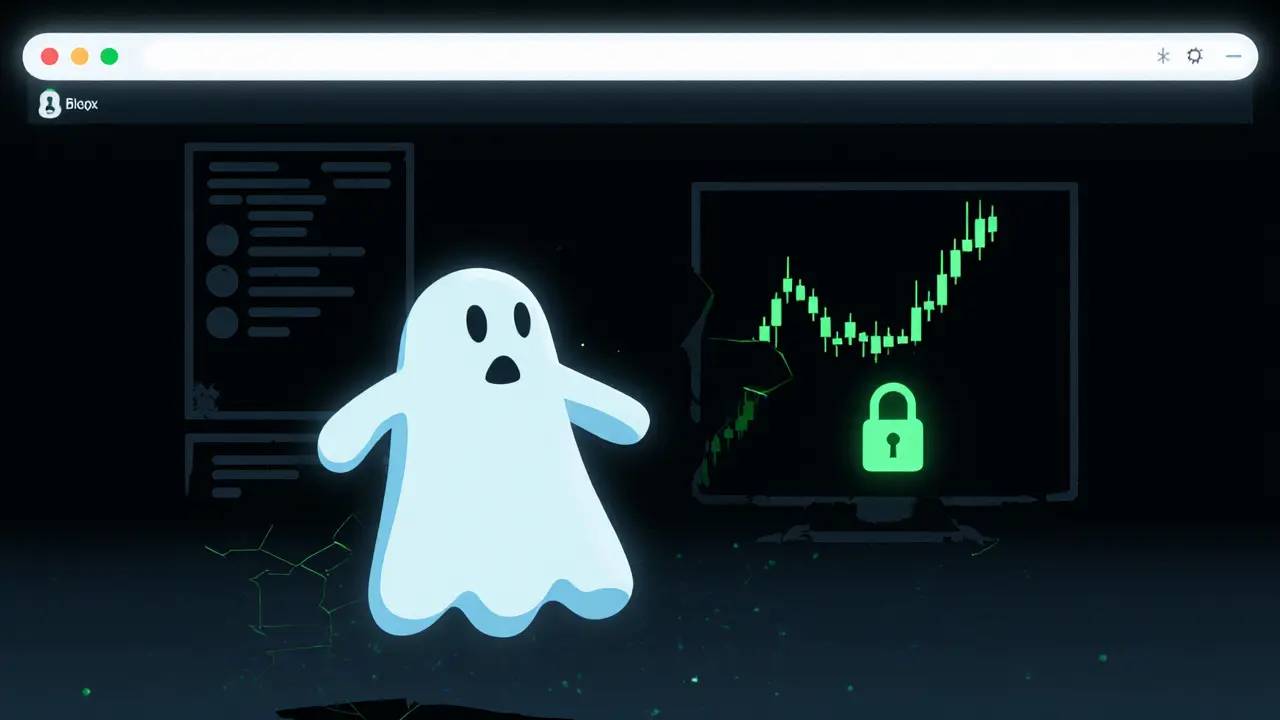 A ghostly BQQQ token drifting in darkness with a dead trading chart.