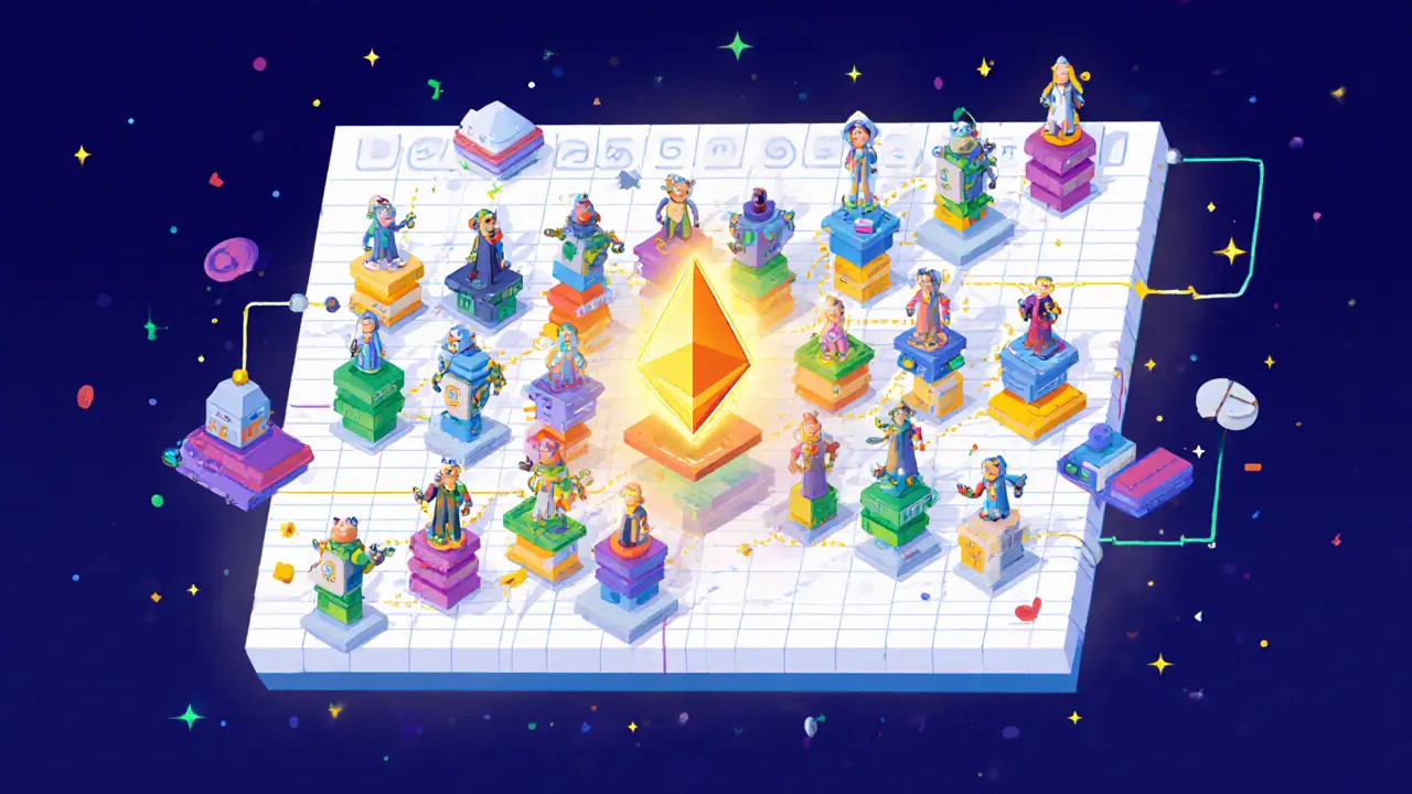 A giant spreadsheet split into 64 colorful shards, each with robot nodes processing transactions, connected by a glowing beacon chain bridge.
