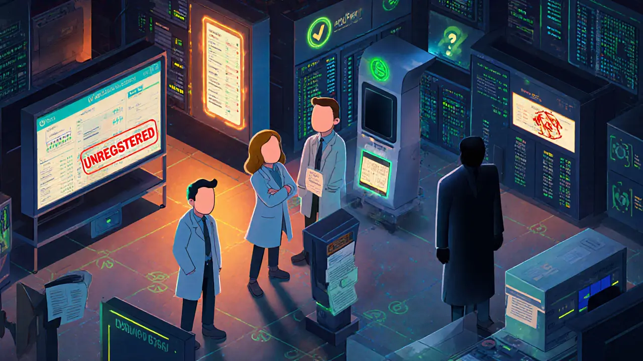 A high-tech crypto trading floor with users missing faces, engineers fixing ID scanners with AI tools.