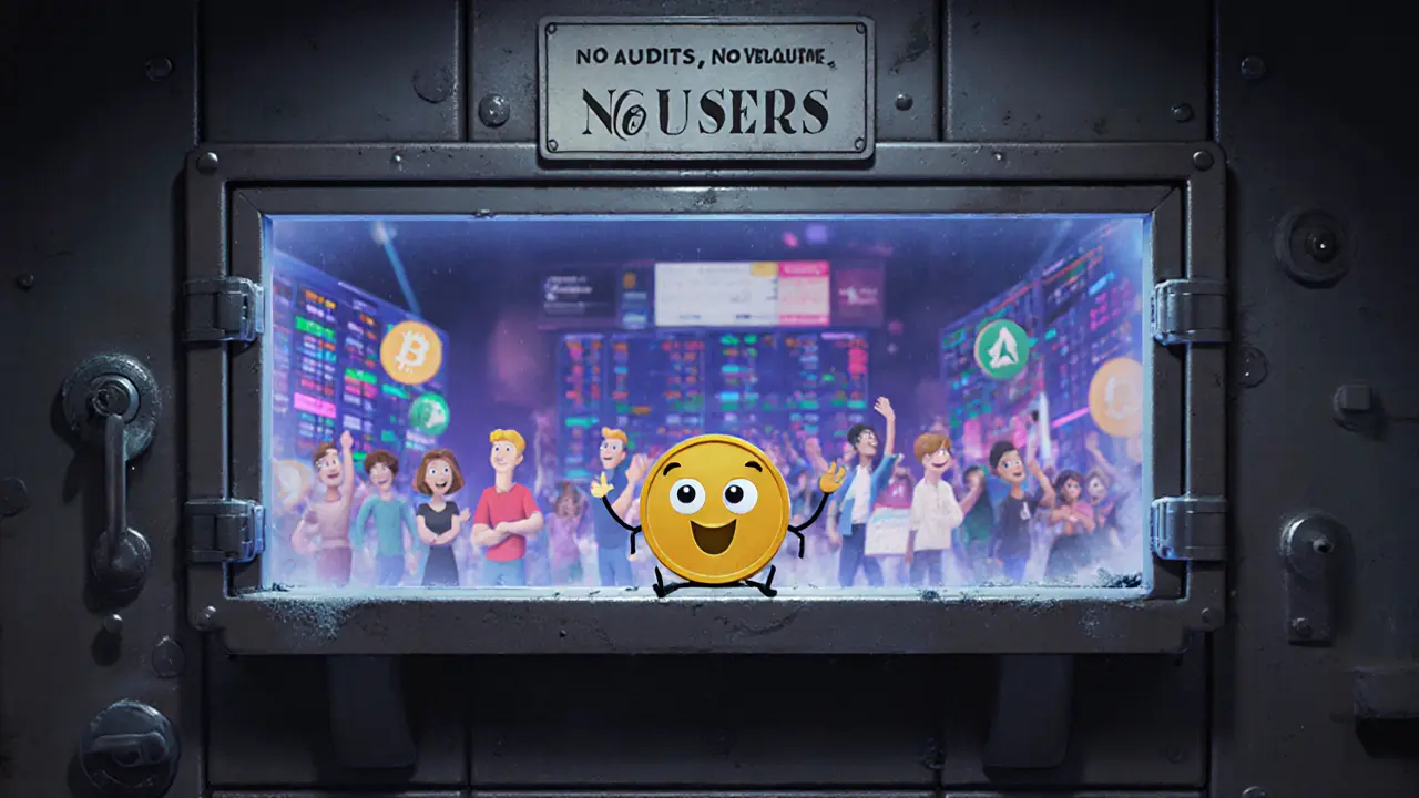 A lonely FISH token sits on a dusty shelf, watching a vibrant DeFi marketplace from a window.