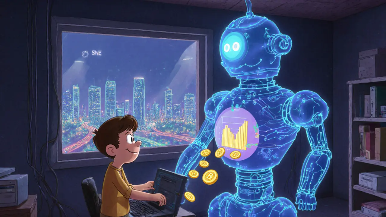 A person connecting a home computer to a friendly node robot as SNE tokens flow into it.