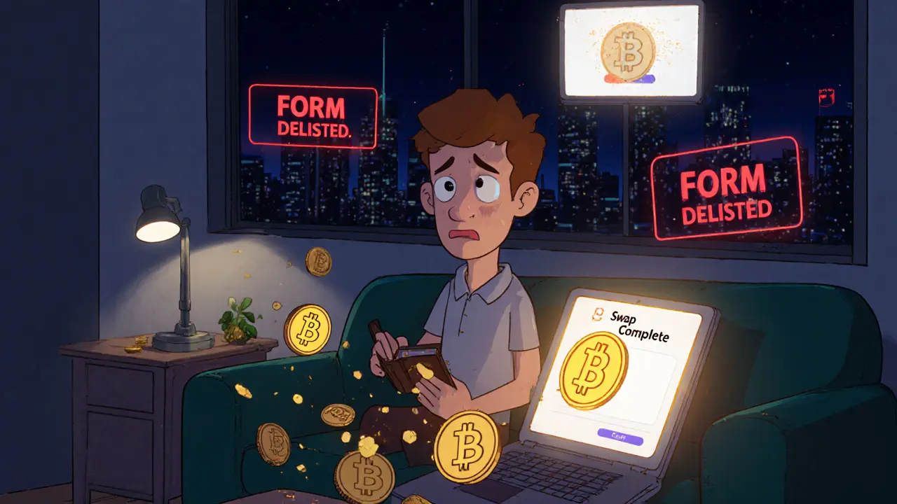 A person watches BNX tokens vanish as a glowing FORM token appears on screen.