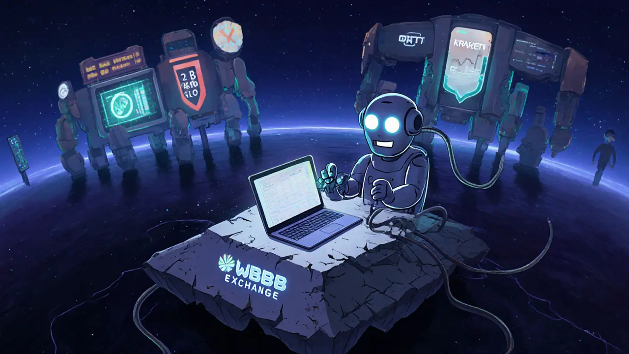 A robot trading bot connecting to a crumbling WBB Exchange platform while larger exchanges shine safely in the distance.