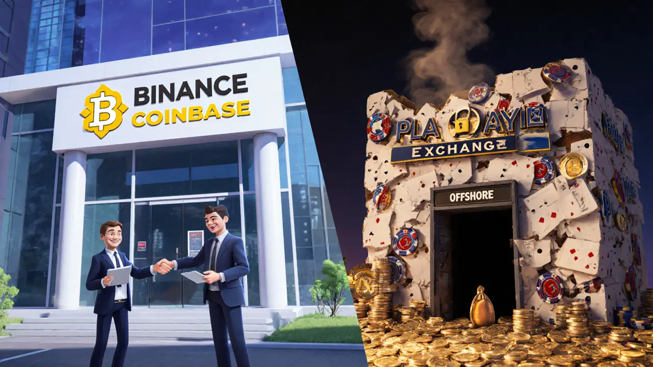 A side-by-side scene showing a legitimate crypto exchange versus a crumbling scam platform with falling signs.