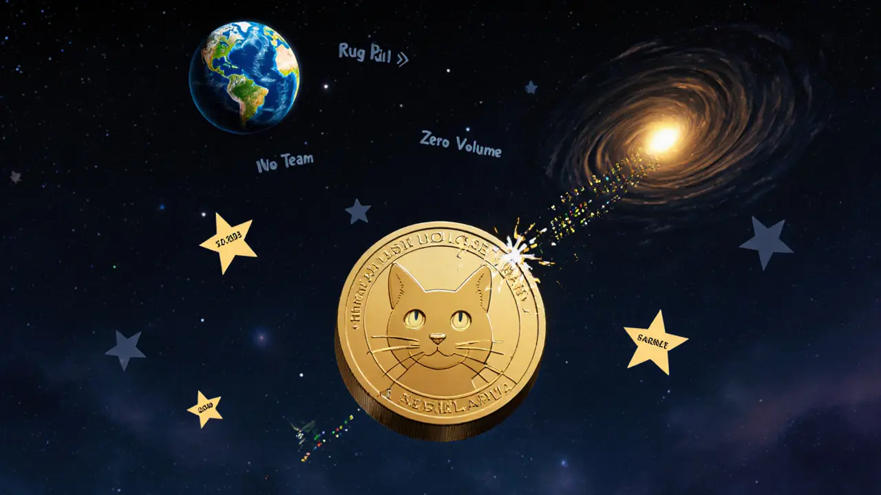 A single fading CAT token drifting in space surrounded by warning labels and a black hole.