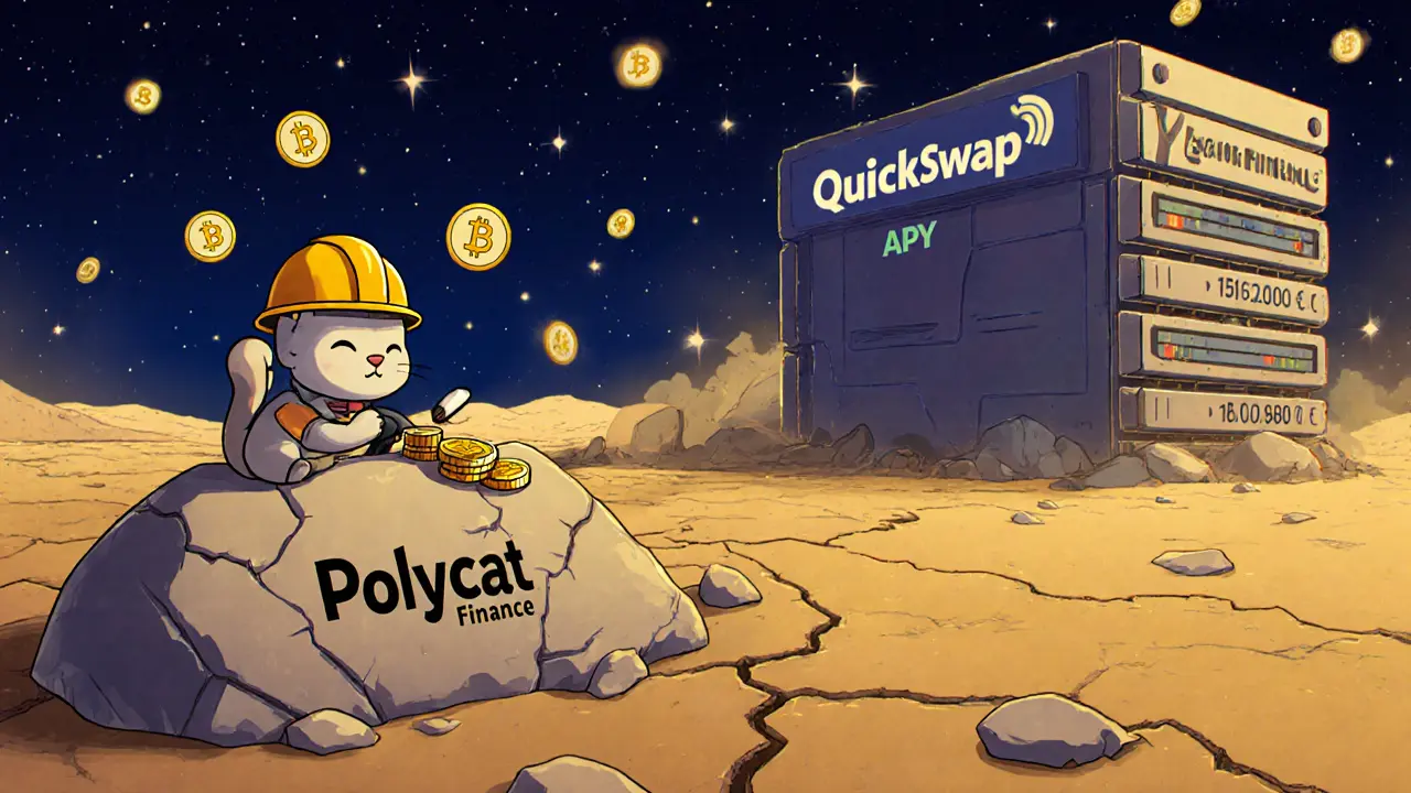 A small cat tries to mine crypto from a barren rock while larger, active mining rigs operate nearby.