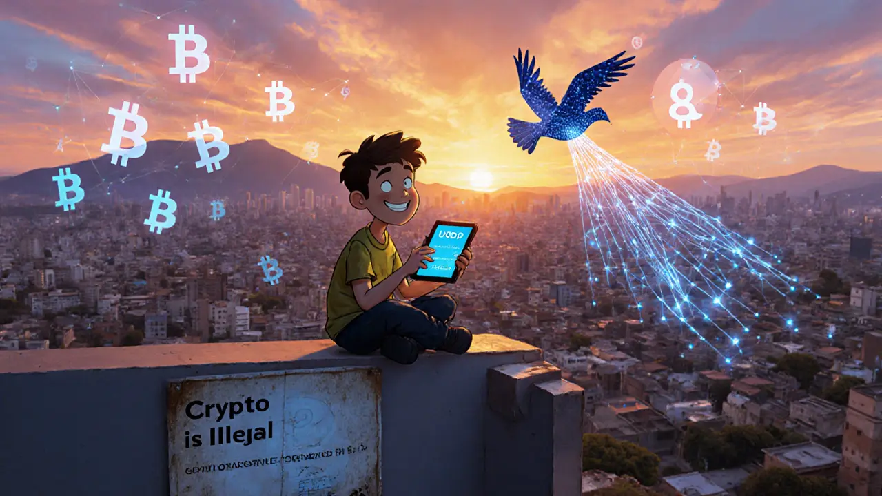 A teen on a rooftop watches digital Bitcoin birds fly away as the sun sets.