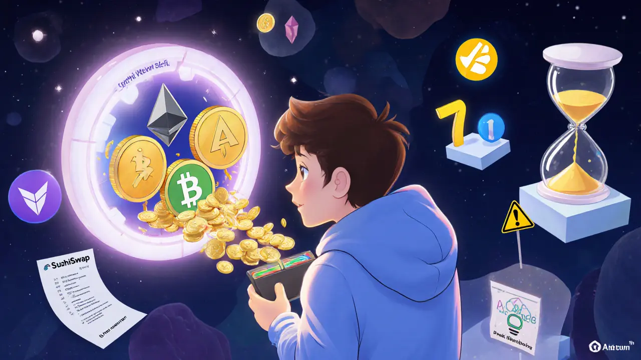A trader connecting a wallet to a glowing Arbitrum bridge, with tokens emerging and a 7-day hourglass in the background.