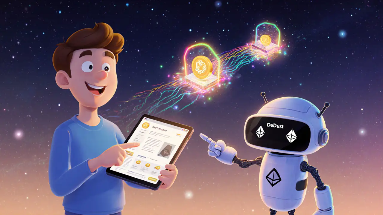 A user connecting a wallet to DeDust with a friendly robot assistant and cross-chain bridge animation.