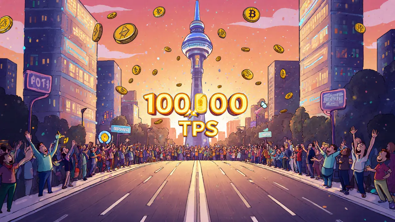 A vibrant blockchain city where users transact effortlessly with floating pennies as fees, under 64 smooth data lanes and a glowing beacon tower.