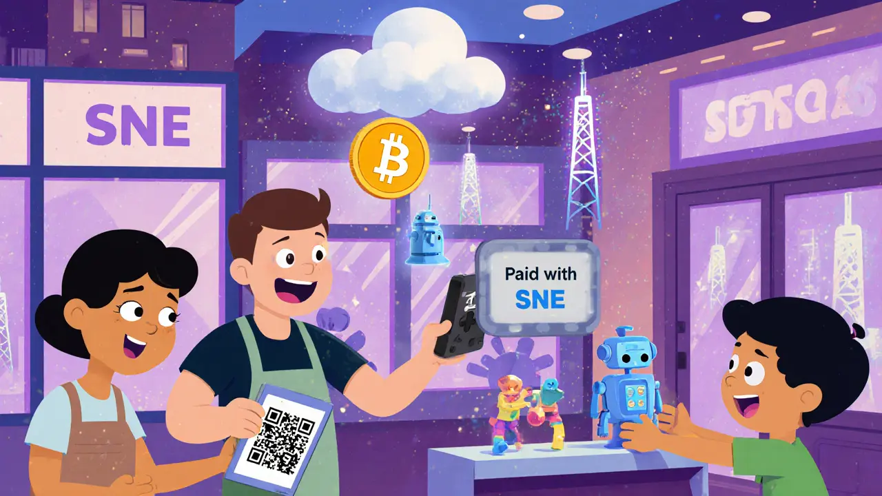 A vibrant digital marketplace where businesses accept SNE tokens for coffee, downloads, and toys.