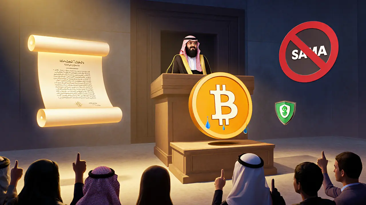 A whimsical courtroom where Bitcoin is on trial, defended by Sharia law and Saudi citizens, with SAMA and VPN symbols floating nearby.