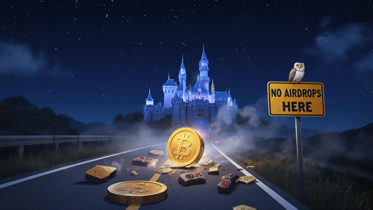 An abandoned blockchain road leads to a castle shaped like a game controller, with BNX signs fallen.