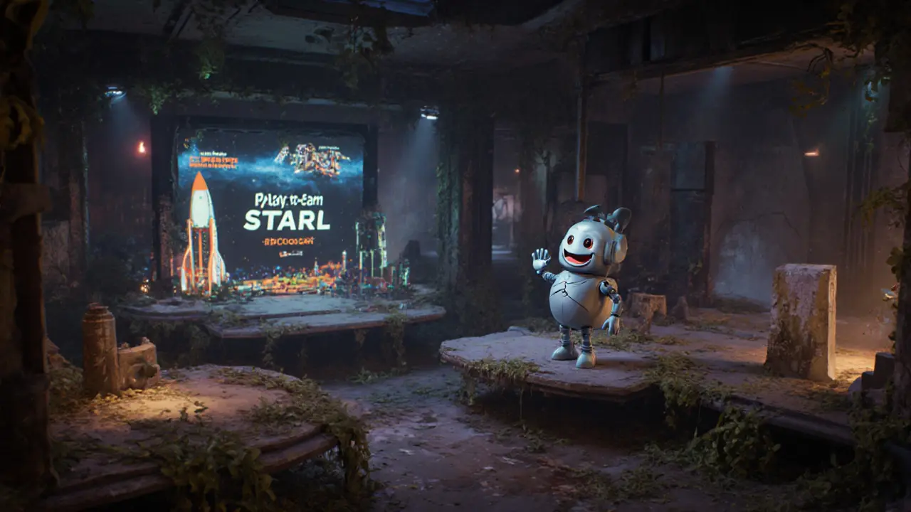 An abandoned metaverse hub with broken holograms and a disintegrating robotic mascot.