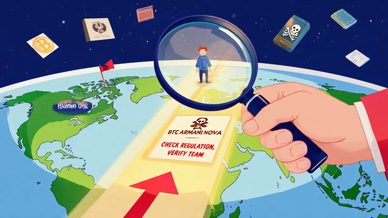 An investor using a magnifying glass to spot crypto scams and find a safe path forward.