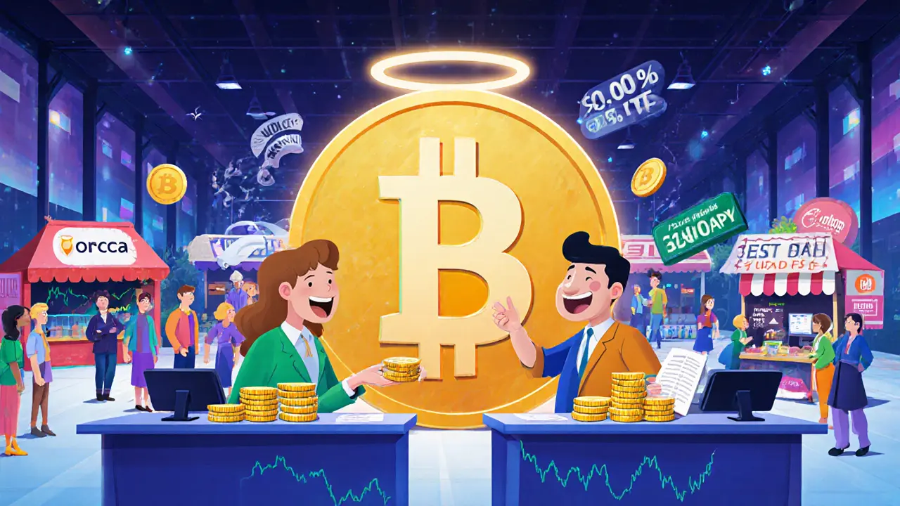 Animated digital marketplace with traders swapping tokens at Raydium&#039;s dual-system counters under glowing RAY token lights.