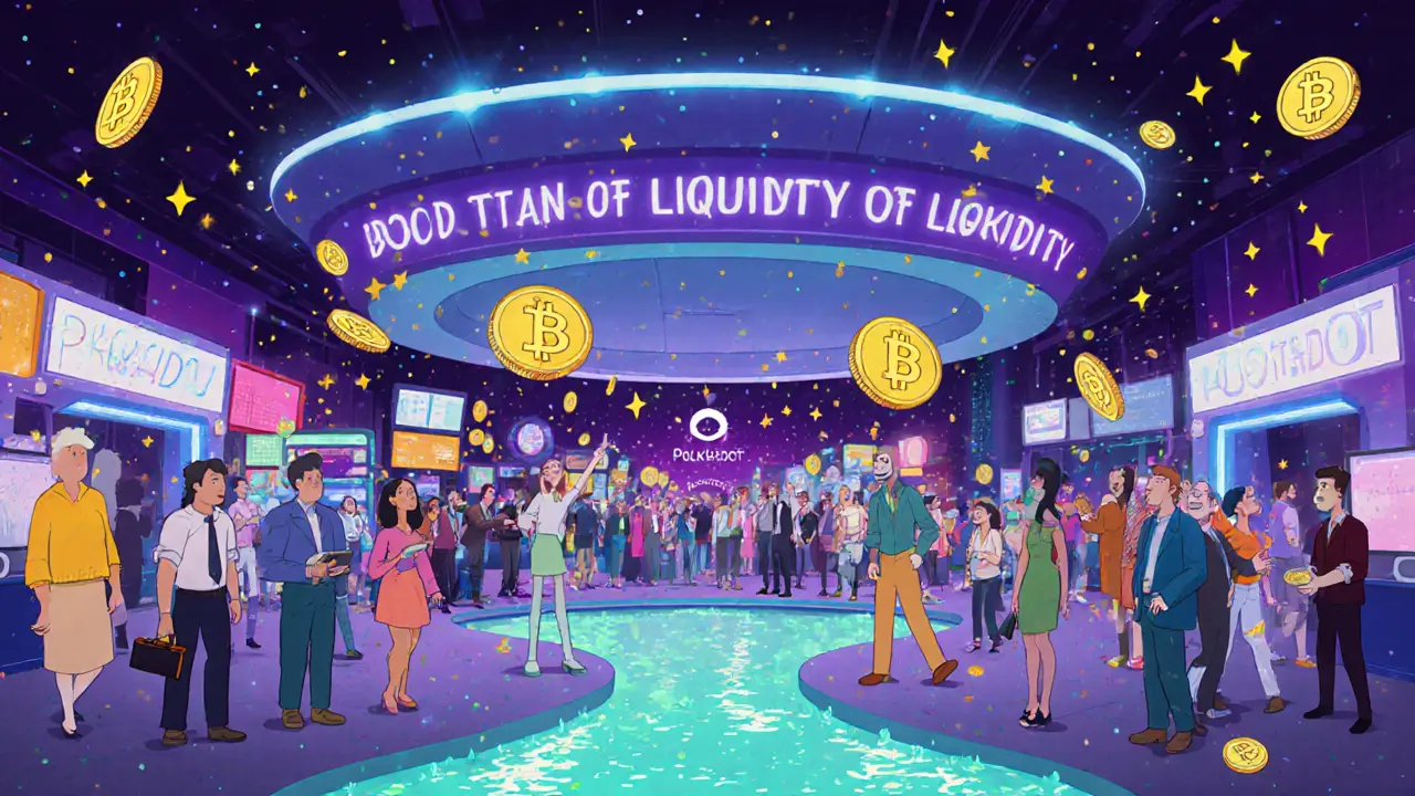 Colorful traders swap tokens in a glowing Polkadot exchange hub, with liquidity rivers and reward stars falling around them.