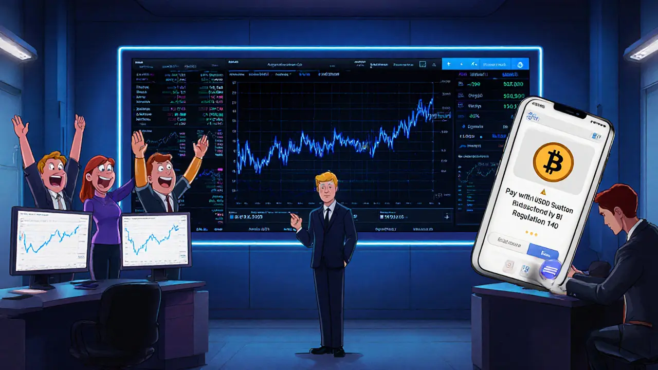 Crypto exchange office with real-time OJK monitoring system and a banned payment button being deleted.