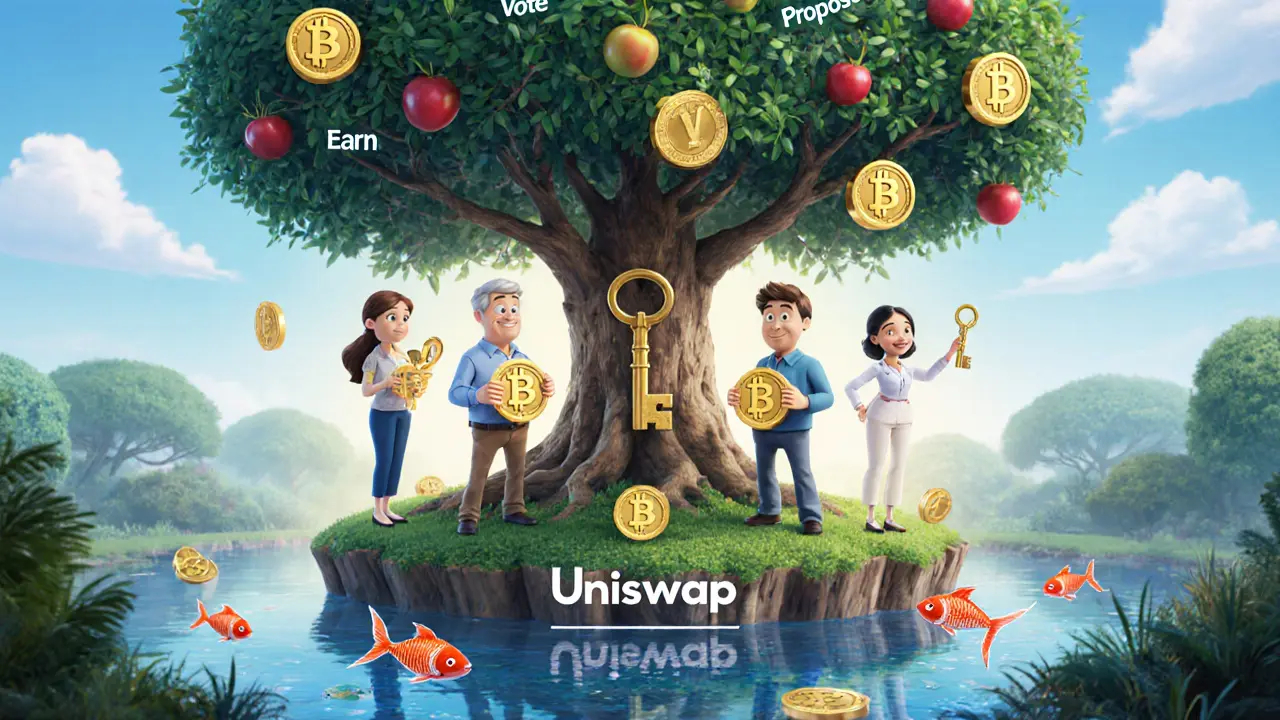 Diverse people holding LP keys under a tree growing governance tokens, symbolizing shared financial power.