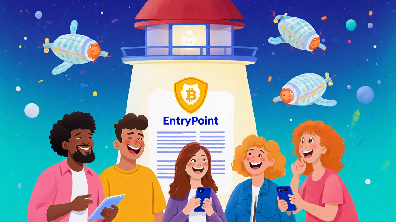 Friends help recover a lost wallet using a tablet, with a glowing EntryPoint lighthouse in the background.