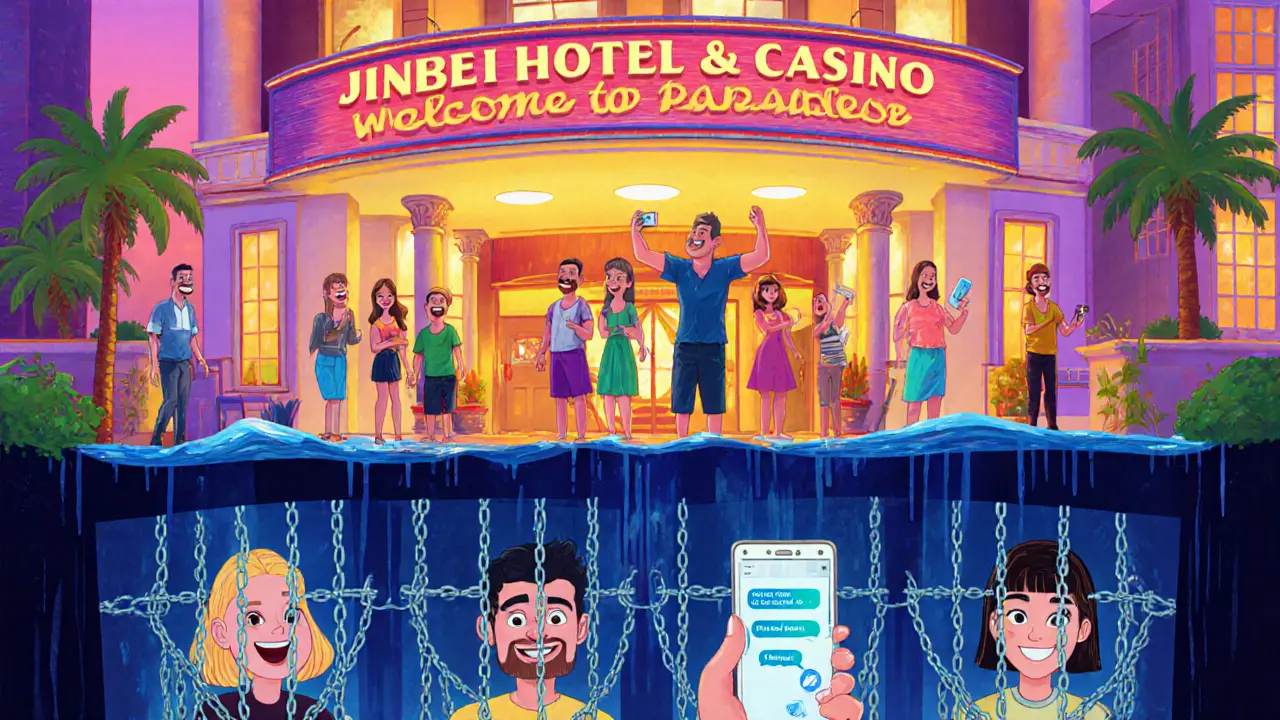 Luxury hotel exterior hides forced laborers making scam calls beneath its floor.