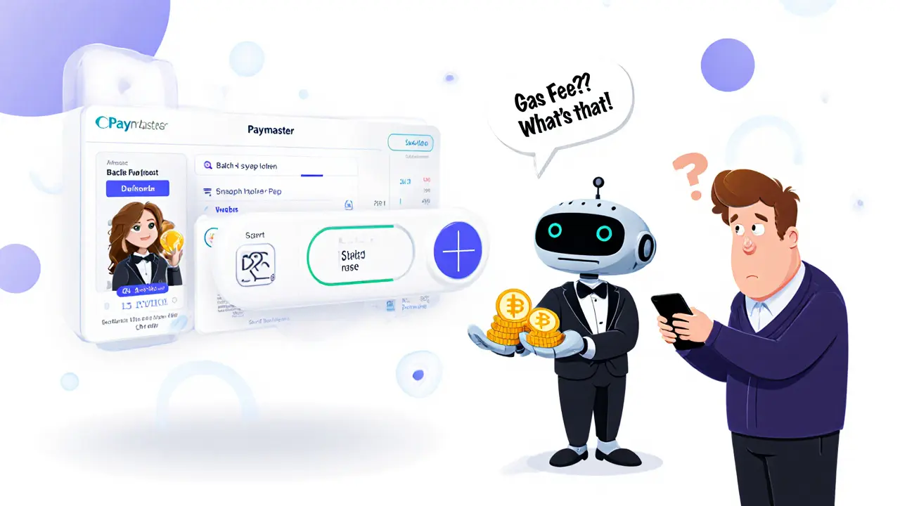 One-click batch transaction in a dApp with Paymaster robots handing out ETH, a confused parent looks on.