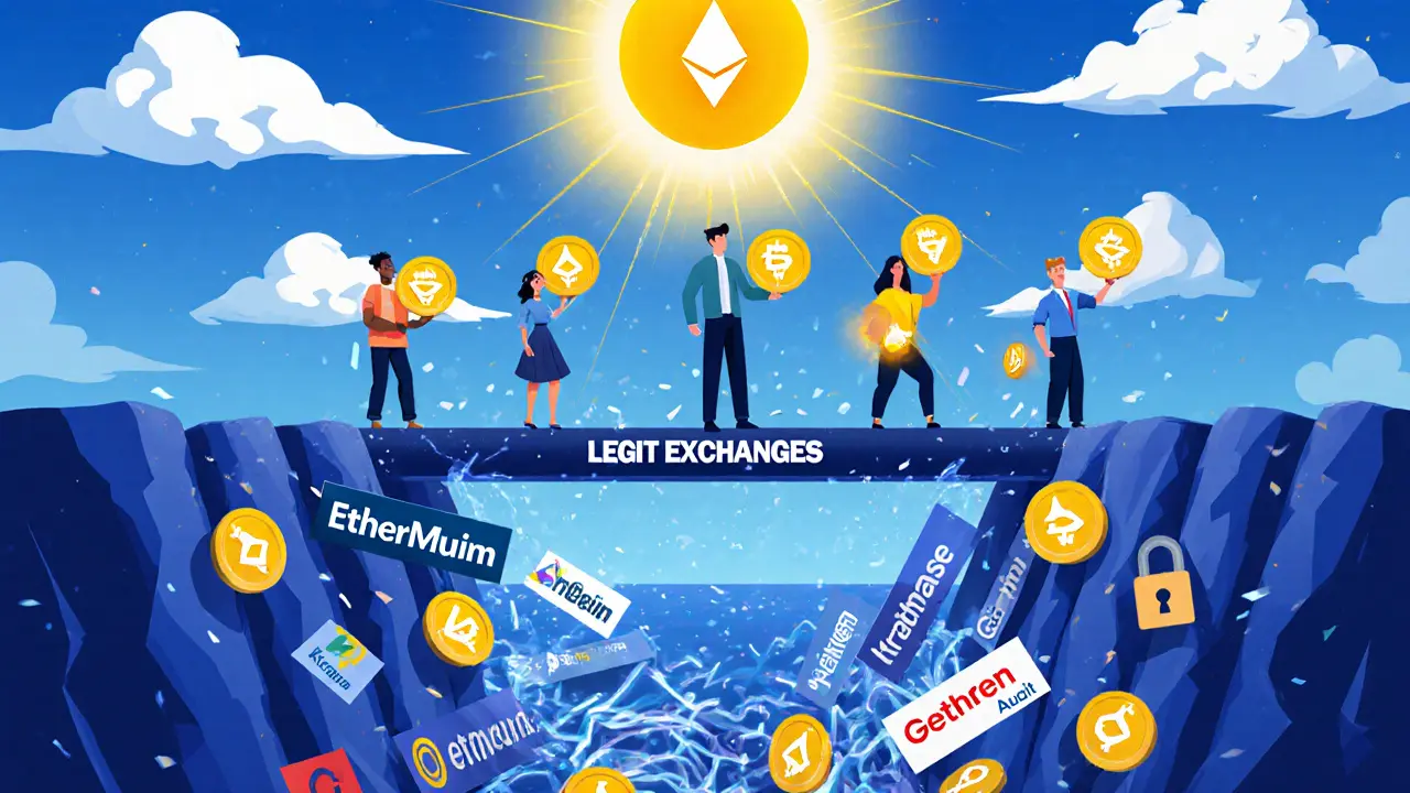 People crossing a safe bridge over a chasm of scam names, guided by glowing legitimate crypto exchanges above.