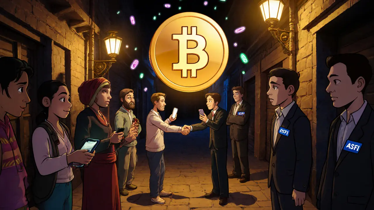 People secretly trading cash for crypto in a nighttime market with glowing digital tokens.