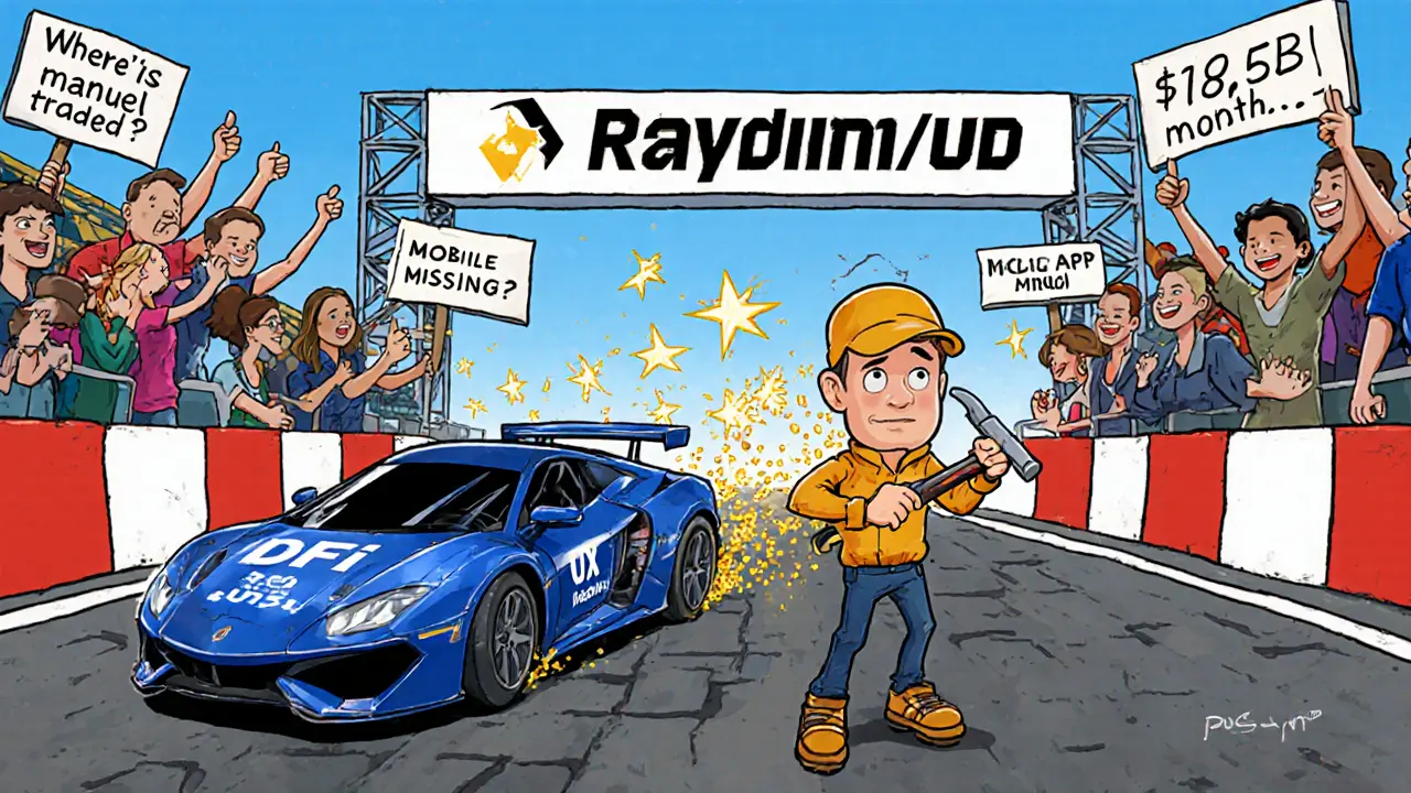 Raydium race car speeding on a blockchain track while a mechanic fixes its missing mobile app dashboard.