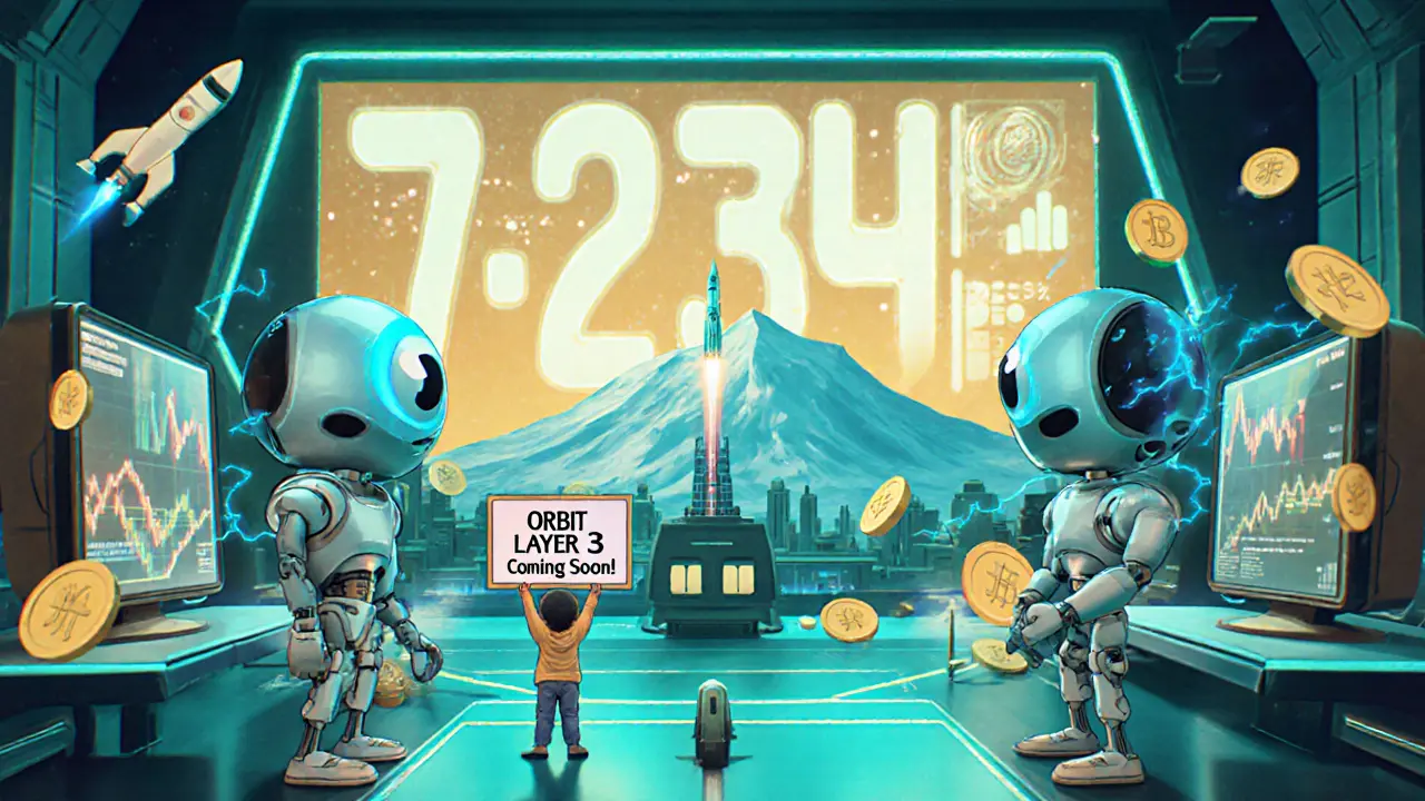 Robots trading on holograms in a futuristic Arbitrum hub, a giant &#039;7-Day Wait&#039; sign in distance, Orbit rockets launching nearby.