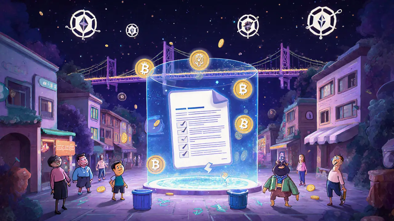 SCALE tokens as citizens voting on a holographic upgrade in a vibrant DeDust digital ecosystem.