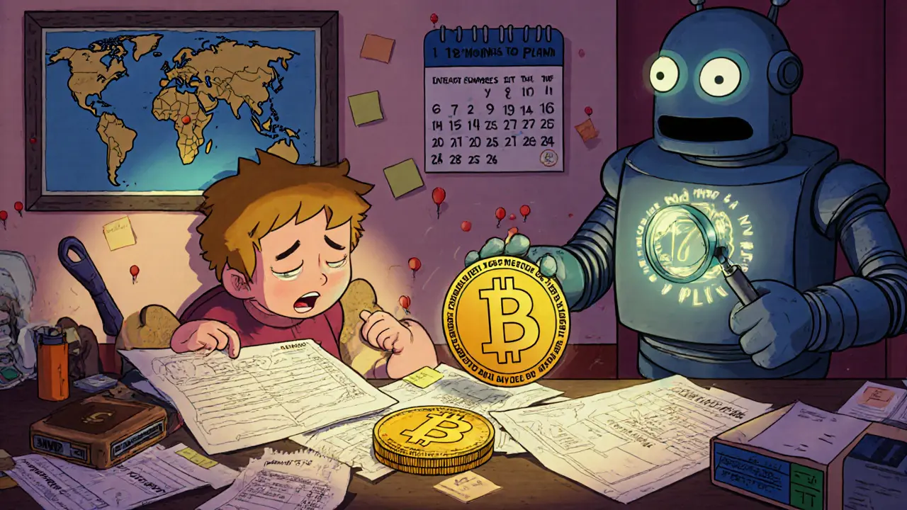 Someone organizing crypto records with an IRS robot examining a Bitcoin with no cost basis.