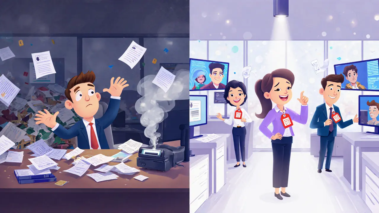 Split scene: chaotic KYC failure on left, clean compliance center with verified users on right.