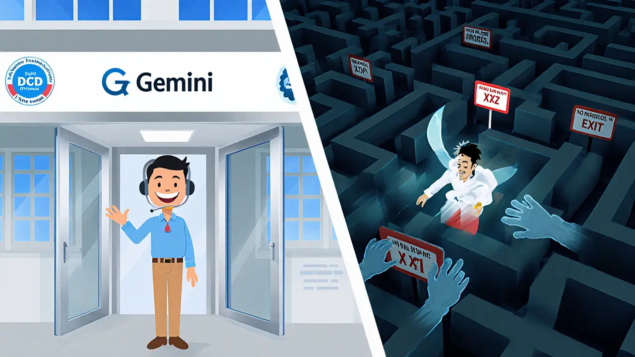 Split scene: safe regulated exchange vs. maze of fake crypto sites with disappearing coins.