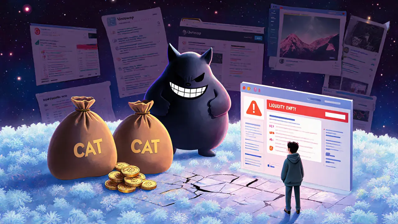 Three shadowy wallets holding CAT tokens while a lonely investor faces a broken trading interface.