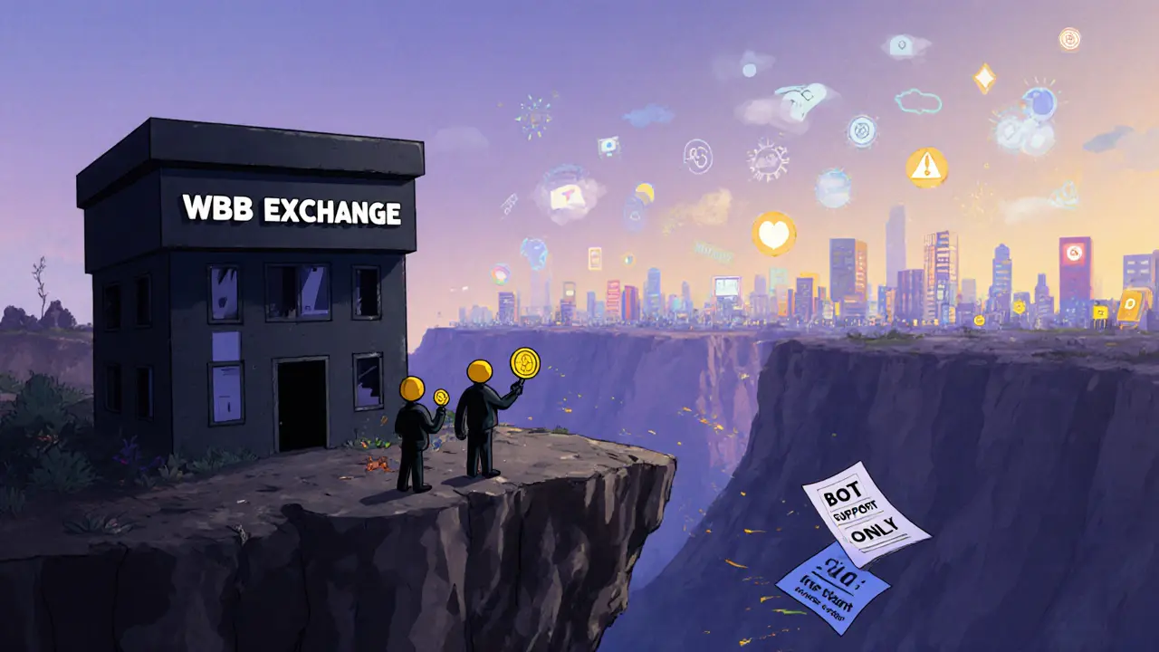 Three users standing on a cliff, looking away from an abandoned exchange toward bright, safe crypto hubs.