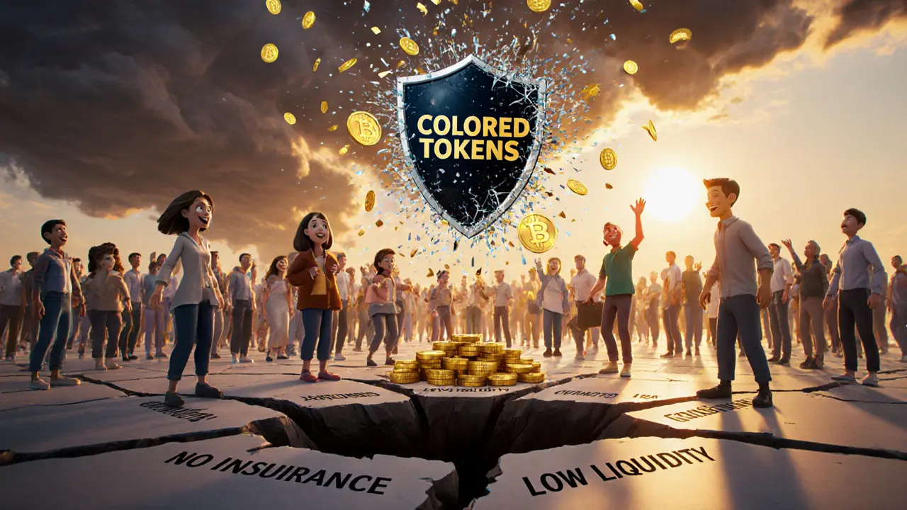 Users trading on a cracking digital floor as shields break above them, revealing warnings of no insurance and low liquidity.