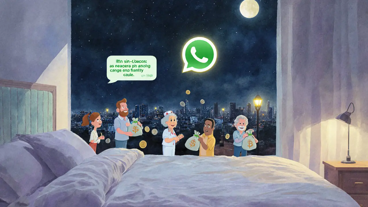 WhatsApp chat avatars trade crypto for cash in a dreamy bedroom scene at night.