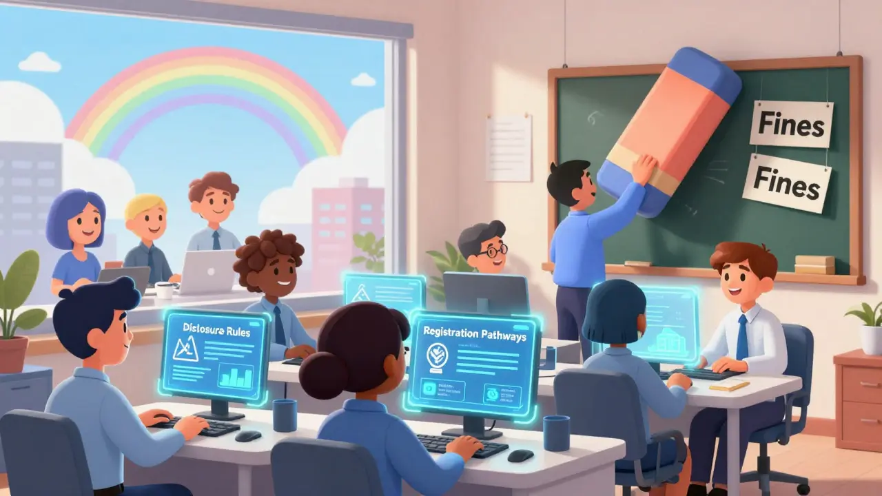 A cheerful SEC task force team building clear crypto rules as old fines vanish from a chalkboard.