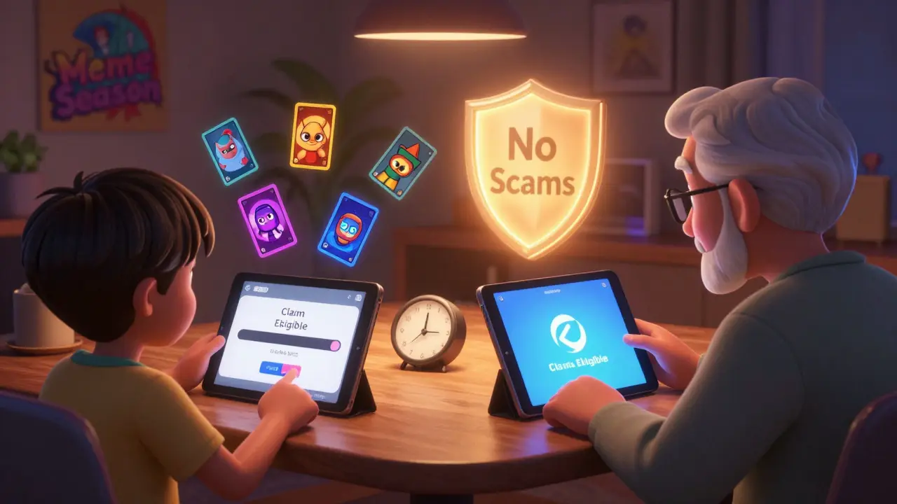 A child and elder playing LOCGame together at night with wallets glowing and a claim progress bar visible.