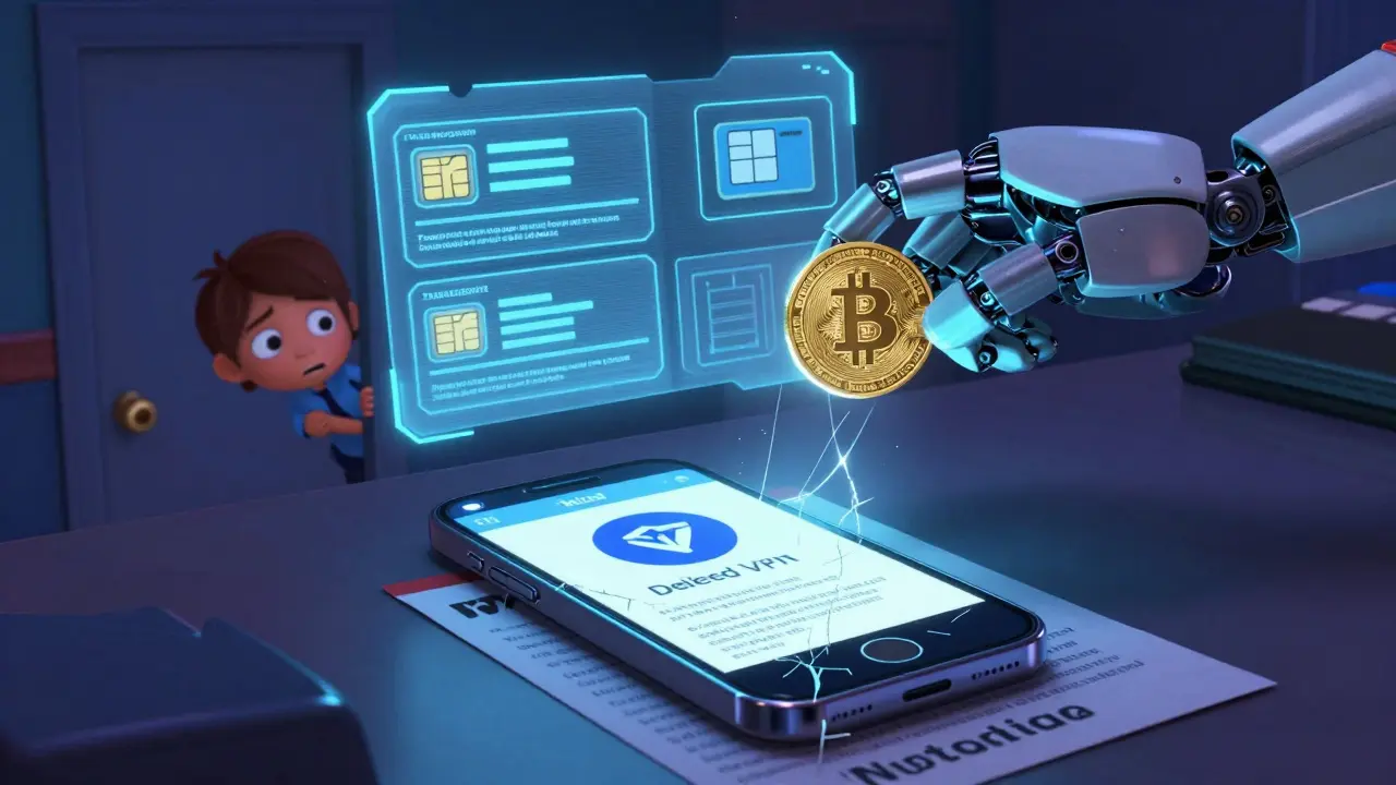 A cracked phone on a police desk with frozen accounts and seized Bitcoin, under cold government lights.