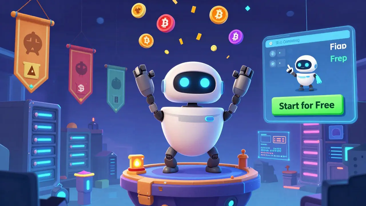 A friendly robot miner in a game world receiving $GOMINING tokens and BTC rewards while surrounded by power-ups and clan banners.