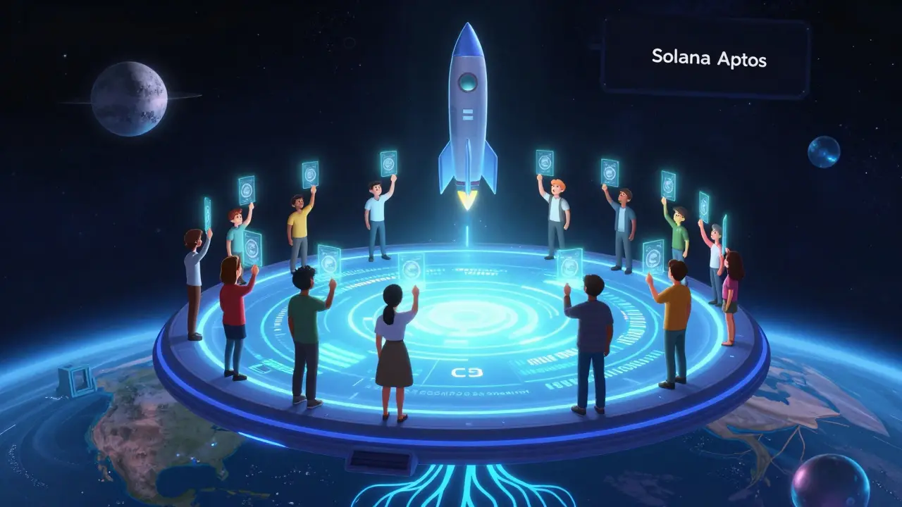 A futuristic launchpad where people vote with MOONED tokens as new crypto projects launch into space.