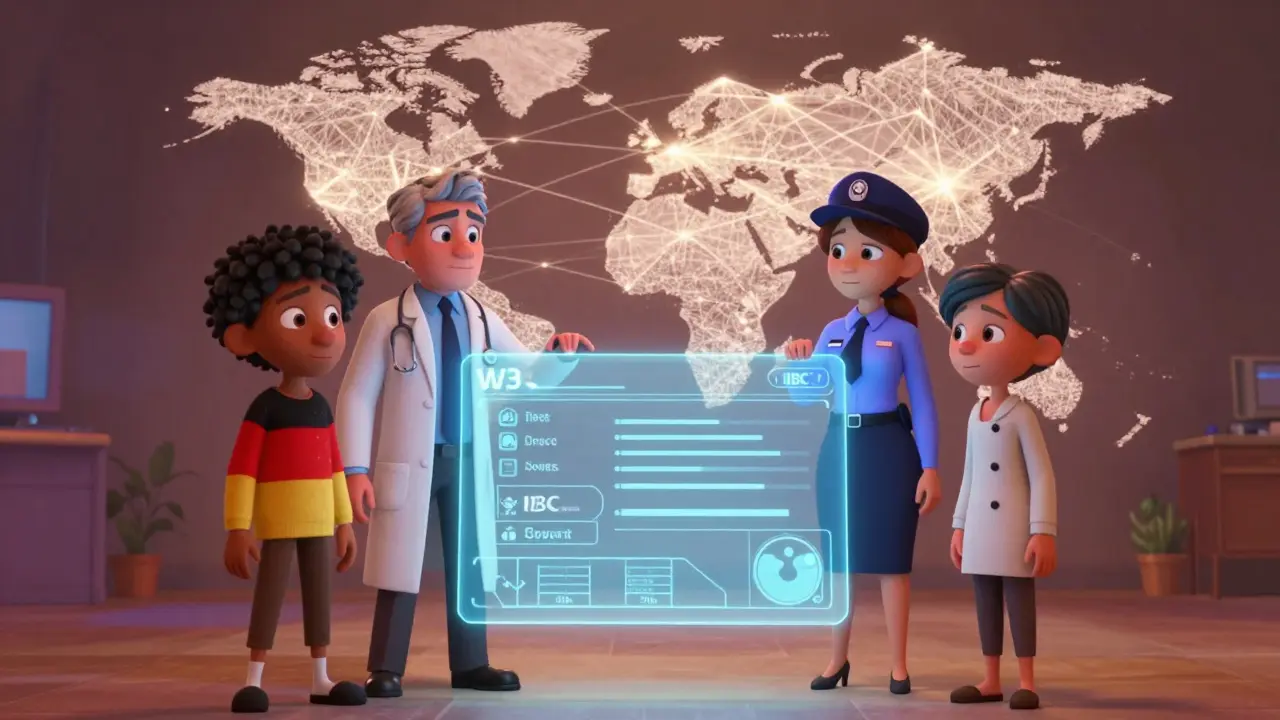 A global team shares a medical record across chains using standardized digital protocols.