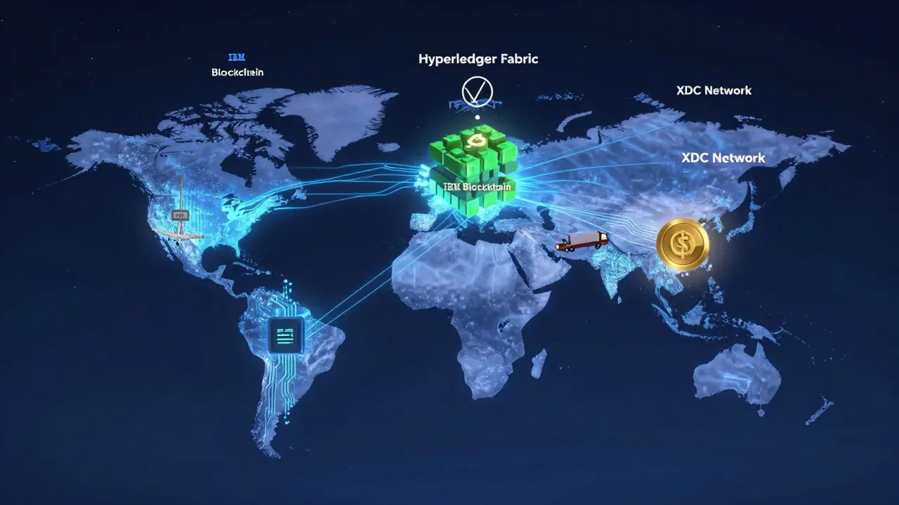 A glowing global web of blockchain networks connects ships, planes, and trucks across continents with stylized nodes.