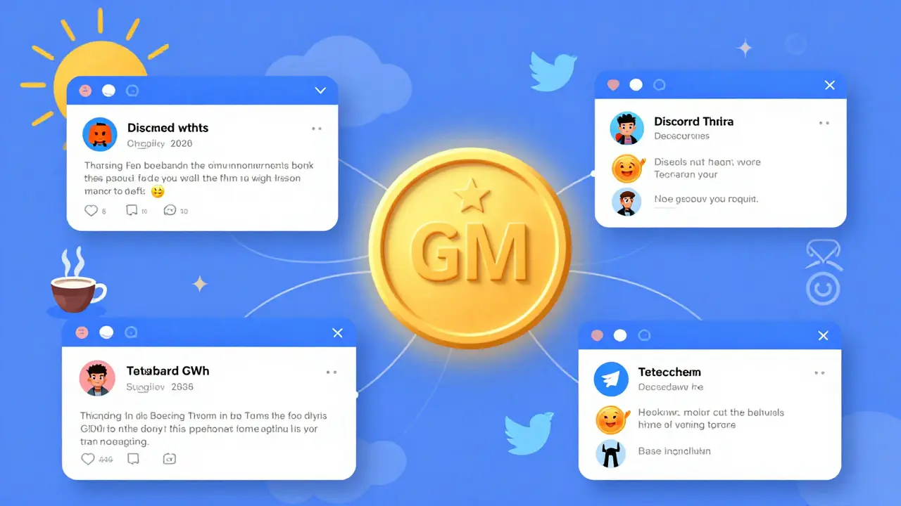 A glowing GM token floating through social media chats and blockchain networks, recognized by digital avatars.