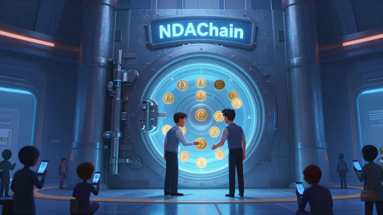 A glowing government blockchain vault being filled with digital asset tokens, while people trade secretly outside.