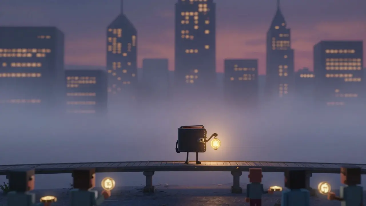 A lone wallet holding a GM token as a lantern at dawn, surrounded by fading crypto markets and distant users.