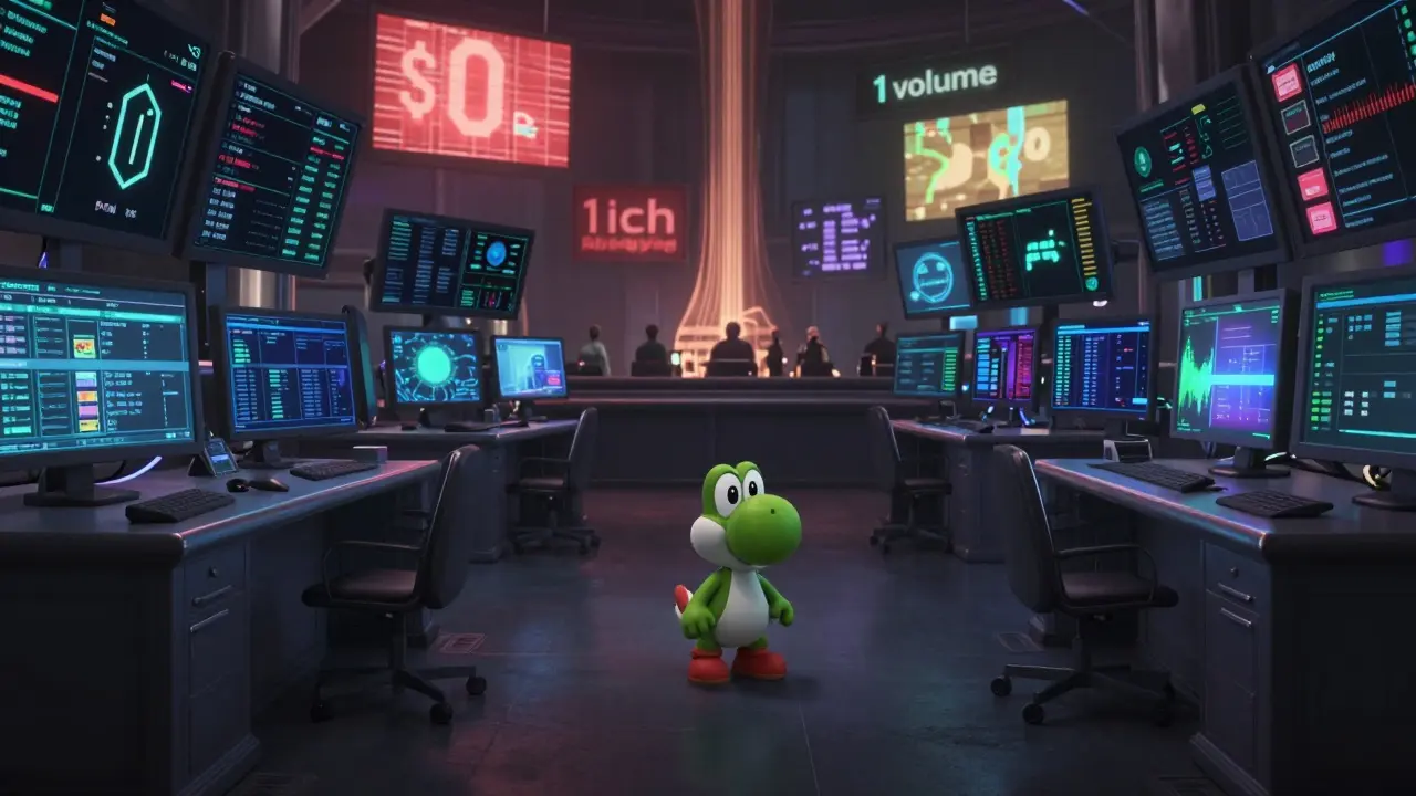A lonely YOSHI token character surrounded by silent, inactive trading terminals in a dark space.