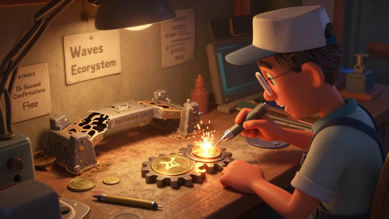 A mechanic using a precision tool to swap stablecoin gears with minimal slippage in a Waves-themed workshop.